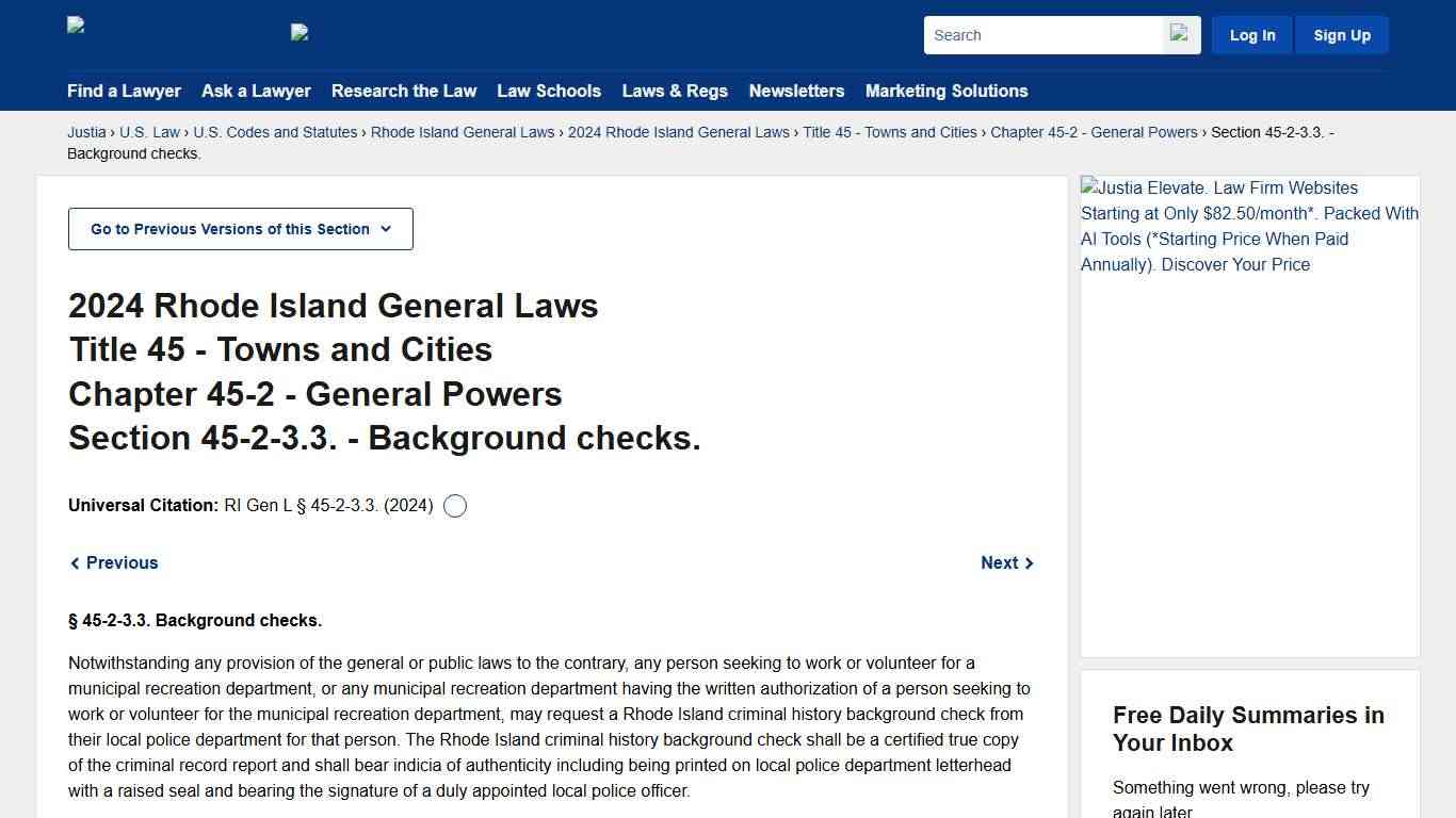 General Laws of Rhode Island Section 45-2-3.3. (2024) - Background checks. :: 2024 Rhode Island General Laws :: U.S. Codes and Statutes :: U.S. Law :: Justia